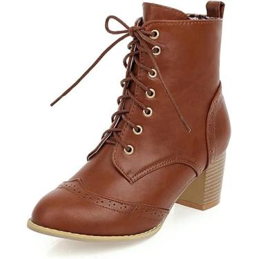 Imagem de Moda Empilhada Salto Grosso Plataforma Ankle Booties Brogues Sapatos Femininos Lace Up Derby Boots, Brown, 6 UK