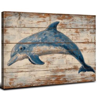 Imagem de Arte de parede vintage golfinhos saltando decoração de banheiro oceano costeiro animal imagem em tela rústica berçário vida marinha fundo textura de madeira arte náutica para sala de estar quarto
