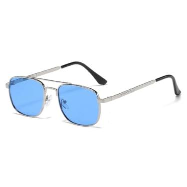 Imagem de HCPIHF Óculos de sol vintage de metal com armação grande e ponte dupla, feminino, luxuoso, gradiente, masculino, UV400 (prata-azul)