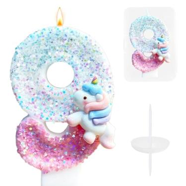Imagem de Vela de bolo de aniversário de unicórnio, topo de bolo de unicórnio pastel número 9, vela de aniversário de 9 anos com glitter pastel, velas de feliz aniversário de 7 cm, topo de bolo para festa de 9