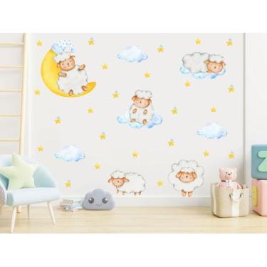 Imagem de Adesivo de Parede Ovelhas Aquarela Lua Nuvens Cute Baby Chibi Decoraçã