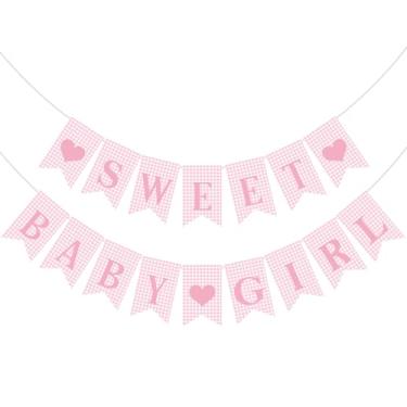 Imagem de Mindsoft Banner Sweet Baby Girl rosa branco guingão pré-amarrado menina chá de bebê decorações com coração para revelação de gênero adereços de foto de festa