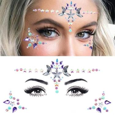 Imagem de Uranian Adesivos de rosto com pedras de sereia, joias de rosto de cristal, joias para olhos para festa rave, festival de carnaval