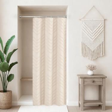 Imagem de Cortina de chuveiro de tecido boho creme, tamanho médio, 91 x 182 cm, texturizado tufado chevron listrado minimalista pano banheiro chuveiro