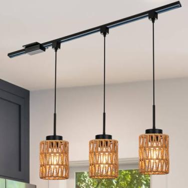 Imagem de VINLUZ Pacote com 3 luminárias de trilho tipo H com rattan tecido à mão, altura ajustável para luminária suspensa de ilha de cozinha em acabamento preto
