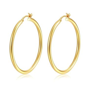 Imagem de Lansora Brincos de argola minimalistas, banhados a ouro, leves, cliques, grandes, redondos, para mulheres e homens, 30/40/50/60 mm, Cobre, Sem pedra preciosa