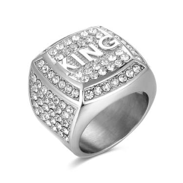 Imagem de HETIMXIA Anel King Iced Out para homens, anel quadrado liso, anel hip hop, aço inoxidável 316, radiante, motociclista, estilo cubano, joia com gelo, anel punk, anel de metal pesado, festa, cerimônia