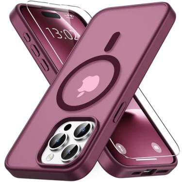 Imagem de Vansdon Capa para iPhone 15 Pro Max, compatível com MagSafe, capa protetora fina fosca translúcida magnética com 1 protetor de tela - proteção contra quedas de grau militar (vinho vermelho)