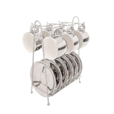 Imagem de Jogo 6 Xícaras Café 90ml Porcelana Prata Com Suporte Versa Wolff
