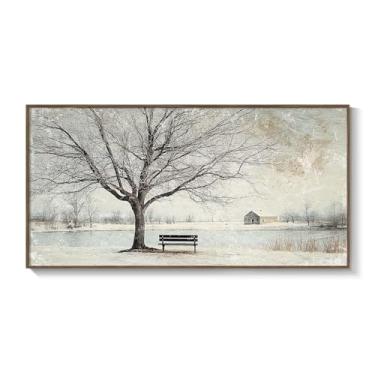 Imagem de Arte de parede de paisagem de fazenda emoldurada para sala de estar, arte em tela de árvore da vida horizontal para paredes de quarto, estampa de imagem cênica de casa de campo de árvore vintage para