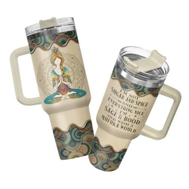 Imagem de 34HD Copo hippie com tampa e canudo, copo de aço inoxidável 1,134 g, decoração hohemian, copo I'm Not Sugar and Spice, caneca de café boho, presentes de aniversário hippie para mulheres