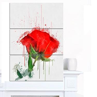 Imagem de Designart Arte de parede de metal brilhante floral extragrande desenho de rosa vermelha, 28 x 36 – 3 painéis
