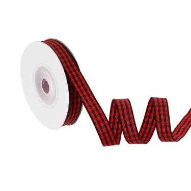 Imagem de PATIKIL Fita guingão de 10 jardas x 9,5 cm, fita xadrez de nylon quadriculada para presente para grinalda de laço de ação de graças, artesanato, aniversário, casamento, preto e vermelho