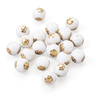 Imagem de Elecrelive 20 peças 10 mm padrão floco de neve contas de vidro contas de Natal feriado banhado a ouro para colar, pulseira, brinco, lembrancinha de festa de Natal
