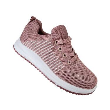 Imagem de Sapatos esportivos femininos genéricos 7025 rosa e branco com cadarço 