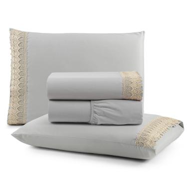 Imagem de Jogo Cama Lençol Haia King Percal 200 Fios 100% Algodão Guipir Bordado Inglês 4 Peças - Cinza