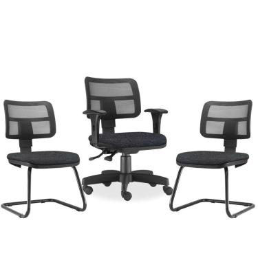 Imagem de Kit Cadeira de Escritório Giratória e 02 Cadeiras Fixas Zip L02 Linho Chumbo - Lyam Decor
