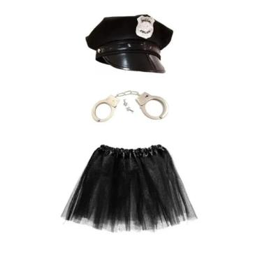 Imagem de Fantasia de Policial Feminina C/ Quepe Algema e Saia Preta 35 Cm - 3 Pçs