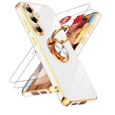 Imagem de LeYi Capa para Samsung Galaxy S25 FE 5G: com 2 protetores de tela de vidro temperado e suporte magnético giratório de 360°, borda de ouro rosa para S25 FE 5G, branca
