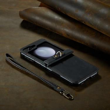 Imagem de Capa de proteção de couro para Samsung Galaxy Z Flip 5 Flip5 Flip4 Flip 4 Zflip5 Capa com alça de telefone, preta, para Samsung z flip 5