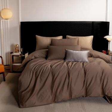 Imagem de MooMee Conjunto de capa de edredom 100% algodão extra longo 600 fios cetim sedoso macio macio respirável durável roupa de cama de qualidade hoteleira, 3 peças (marrom café, king 264 x 228 cm)