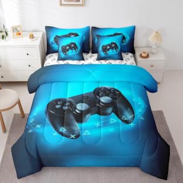 Imagem de Erosebridal Jogo de cama com edredom solteiro para crianças, azul, 3D, gamepad, cama em uma bolsa, de microfibra macia, 7 peças, console de videogame com lençol