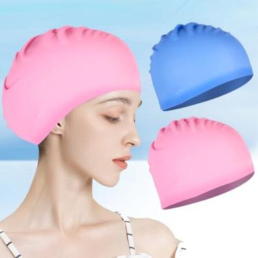 Imagem de Touca de natação de silicone, confortável e antiderrapante, adequada para adultos, textura macia, touca de natação impermeável reutilizável (azul claro + rosa)