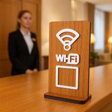 Imagem de Placa Display de Mesa QR Code Wi fi em MDF 6mm Amadeirado e Acrílico Branco em Relevo 3D