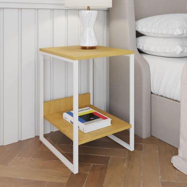 Imagem de Mesa Cabeceira Industrial Lateral De Cama Canela Tókio Base Ferro Branco