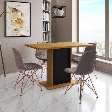 Imagem de Mesa Jantar Londres Tampo Canela 120Cm Base Preta 4 Cadeiras Base Cobre Estofado Nude Médio
