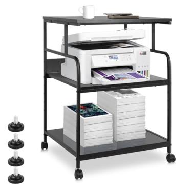 Imagem de FAHKNS Suportes de impressora de 3 níveis – Carrinho para impressora rolante, suporte de impressora de escritório móvel com base antiderrapante e rodízios de bloqueio, adequado para impressoras