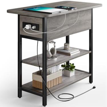 Imagem de Mesa de canto Yoobure com estação de carregamento, mesa lateral com tampo dobrável, entradas USB e tomadas, mesa de cabeceira/sofá estreita com prateleiras para espaços pequenos, quarto, sala de estar