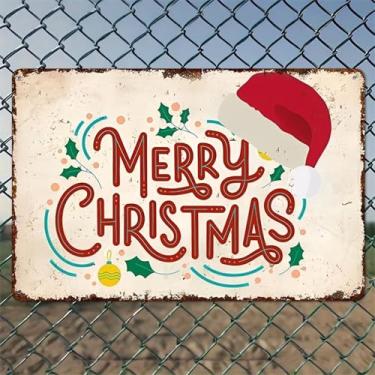 Imagem de Placa de Feliz Natal Chapéu de Papai Noel Decorações de Natal Arte de Parede de Alumínio Rústico e Placa de Metal - 20 x 30 cm Decoração Vintage Interior Exterior para Casa, Escritório, Café, Quintal