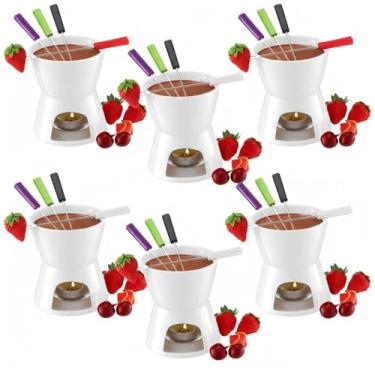 Imagem de Mudder Conjunto de 6 peças de caneca de fondue de cerâmica e 24 garfos para derreter chocolate, queijo, caldo ou tapas no dia dos namorados (branco)