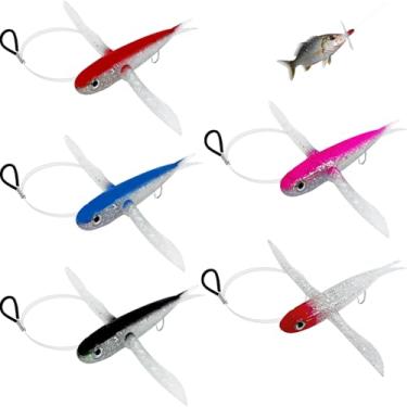 Imagem de La La Pet 5 peças de iscas de pesca biônicas macias iscas de peixe com ganchos equipados, isca de água salgada para atum marlin, golfinho, wahoo, acessórios de pesca