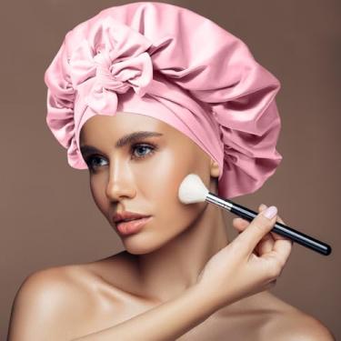 Imagem de Touca de cabelo de cetim de seda para dormir à noite, chapéu com faixa de amarrar, gorro preto com envoltório de cabeça (rosa)