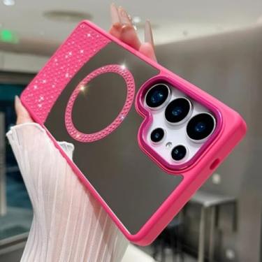 Imagem de Capa magnética espelhada com diamantes coloridos e estilosa para Samsung Galaxy S25 S24 S23 S22 S21 Ultra Plus S24fe A55 A35 A25 A15 (para Galaxy S25 Ultra/Vermelho Rosa)