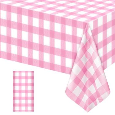 Imagem de 1 pacote com toalhas de mesa xadrez rosa listradas, capas de mesa retangulares de plástico descartáveis, 137 x 272 cm, toalhas de mesa rosa xadrez rosa e branco à prova d'água para piquenique