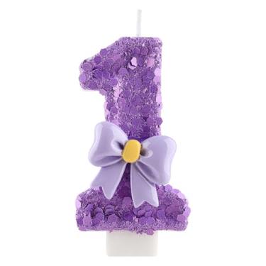 Imagem de Vela de 1º aniversário com laço roxo número 1, velas com glitter, decoração de bolo para meninas, chá de bebê, aniversário, festa de aniversário, decoração de casamento