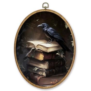 Imagem de CGBHW Moody Crow Book Oval Wall Art Decor, Dark Academia Impressão em tela emoldurada, arte de parede gótica Cottagecore Bookish Decoração para pendurar para decoração de casa, galeria, quarto, sala