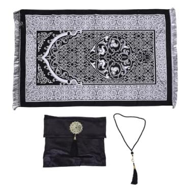 Imagem de Pssopp Tapete de Oração para Decoração Caseira, Tapete de Oração Muçulmano de Algodão Macio e Veludo Com Borlas para Presente de Meditação, Preto