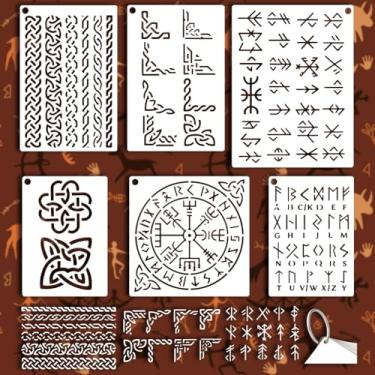Imagem de GOMAKERER 12 folhas de estênceis com tema viking para pintura, 6 estilos de runas, bordas reutilizáveis, modelos de desenho do alfabeto antigo, modelos de plástico para pintura na parede, madeira