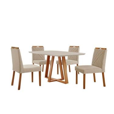 Imagem de Conjunto Sala De Jantar Mesa Florença 140x80cm Off White Com 4 Cadeiras Dallas Linho Bege