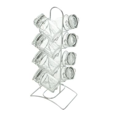 Imagem de Porta Temperos 8 Peças De Vidro Com Tampa Hermética E Suporte De Metal Cromado Lyor