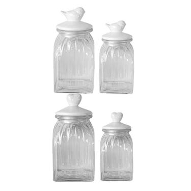 Imagem de Kit 4 Potes Vidro Tampa Cerâmica Pássaro Coração 750/1500Ml