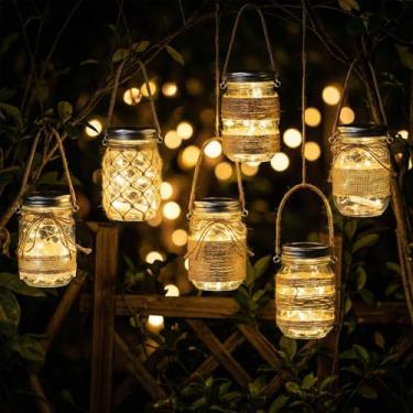 Imagem de Ninehaoou 6 peças de pote náutico pequeno pendurado de 12 cm com 6 peças de luzes LED de fadas, alças e tampas, garrafas de vidro decorativas, rede de corda, vaso de vidro para casa, varanda, jardim