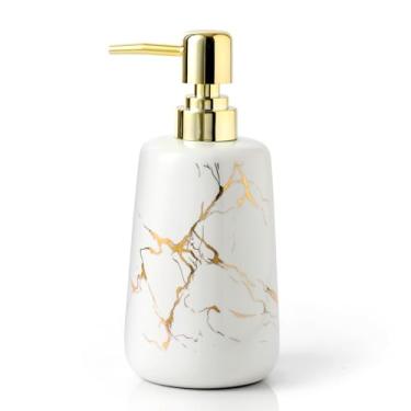 Imagem de Dispensador de sabão de cerâmica de mármore luxuoso – Frasco de sabão de mão recarregável de 350 ml com bomba de aço inoxidável para banheiro e bancada de cozinha (branco)