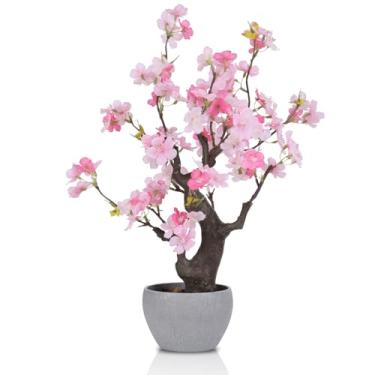 Imagem de TOARTi Vaso de flor de cerejeira rosa artificial com vaso de pedra, flores falsas de 45,7 cm de altura, plantas falsas, plantas realistas, decoração interna para casa, quarto, banheiro, mesa de