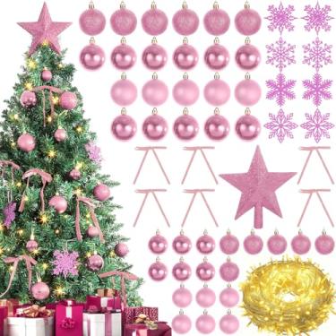 Imagem de Conjunto de 86 peças de decoração de árvore de Natal rosa claro com 100 luzes de LED, topo de árvore de Natal com cordão de luzes, bolas de Natal, flocos de neve, ornamentos de arcos, decoração de