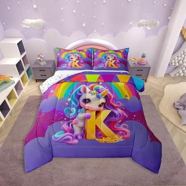 Imagem de Erosebridal Conjunto de edredom de unicórnio, solteiro, personalizado, letra K, desenho animado, estrelas, arco-íris, decoração de quarto, monograma, com 1 fronha